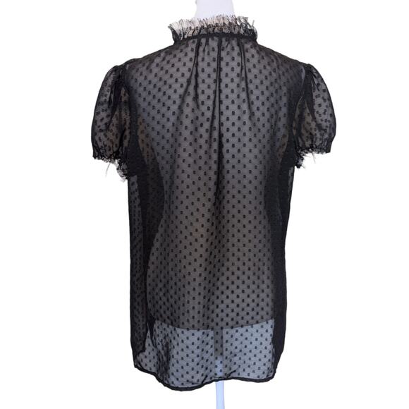 L'AGENCE Sheer Black Swiss Dot Fringed Whimsigoth Puff Sleeve Blouse Large - Picture 3 of 4